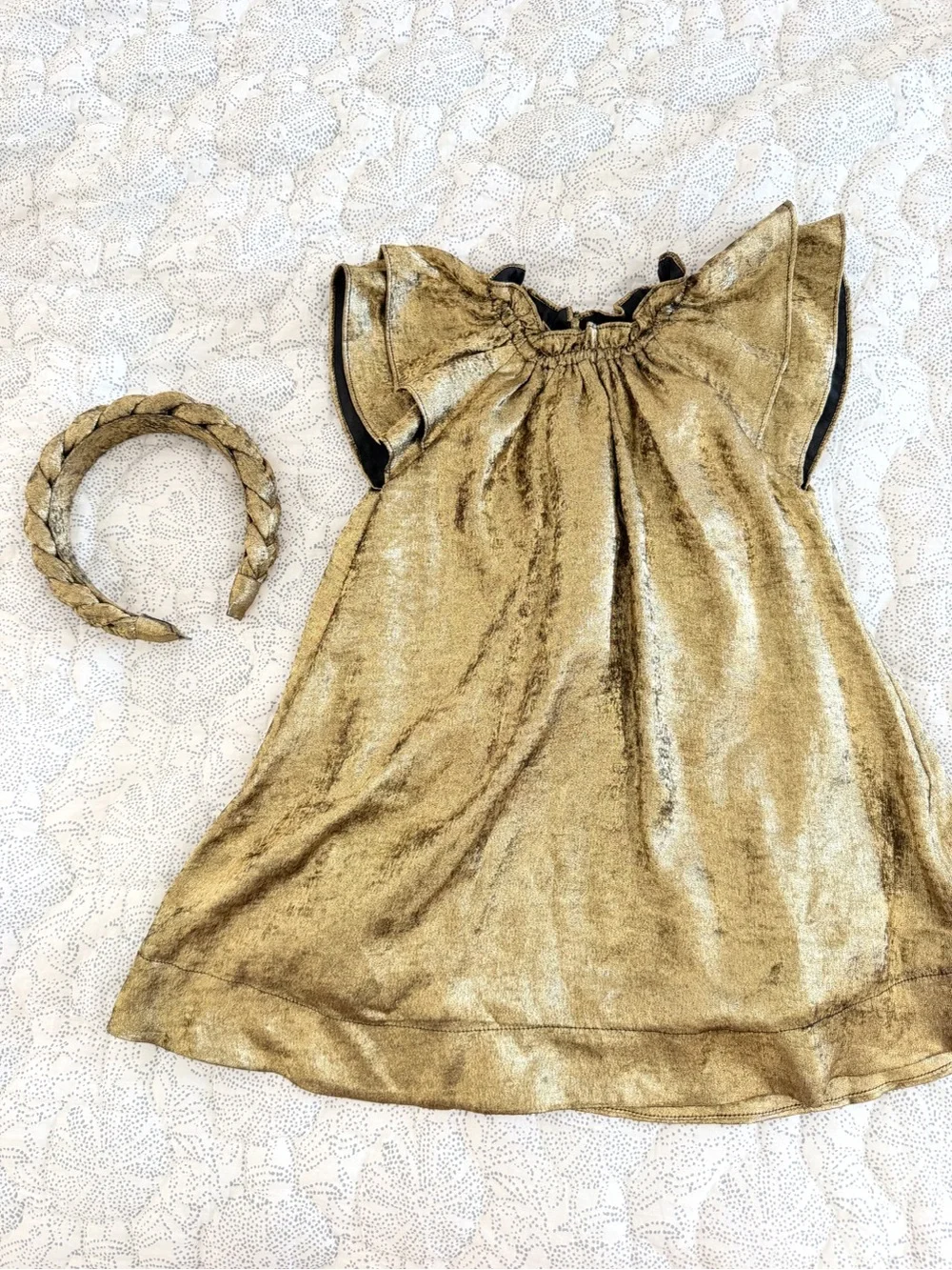 Gold Metallic Flutter-Sleeve Kids Dress with Braided Headband